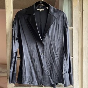 Vince Navy Blue Silk Tie Back Long Sleeve Button Down Blouse